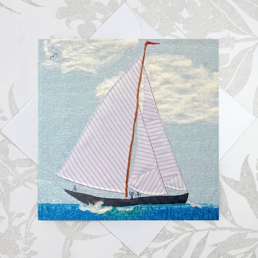 Sailing boat birthday card - textile artwork reproduction