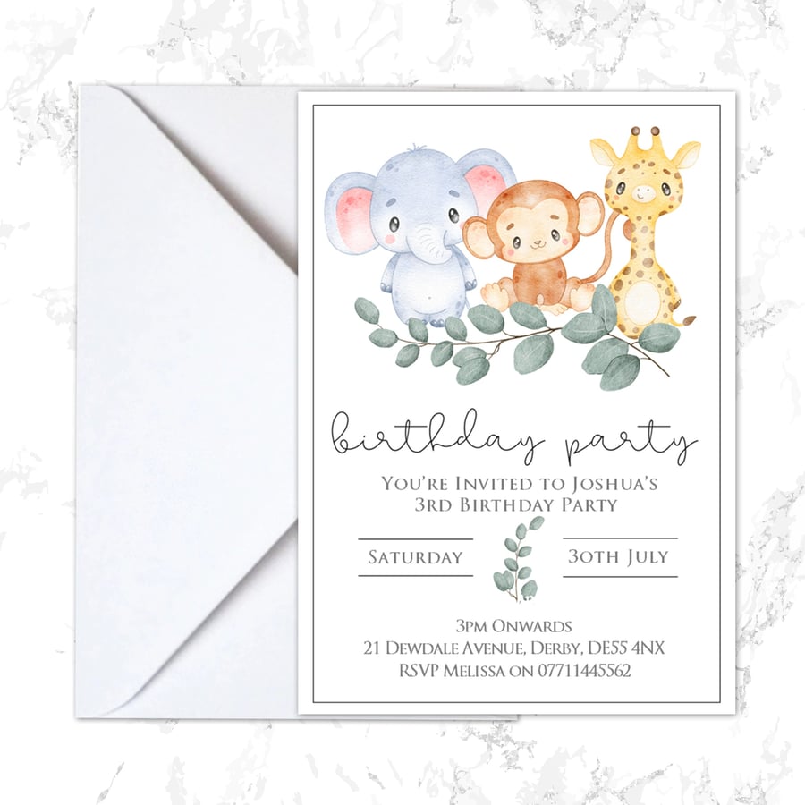 Boys or Girls Safari Animals Birthday Party Invitations Personalised Invite