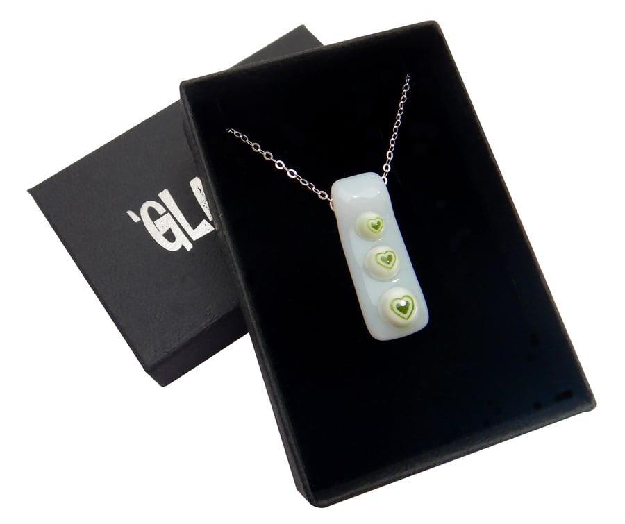 Handmade Fused Glass 'Green Hearts' Pendant. Silver Range!