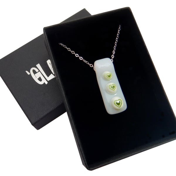 Handmade Fused Glass 'Green Hearts' Pendant. Silver Range!