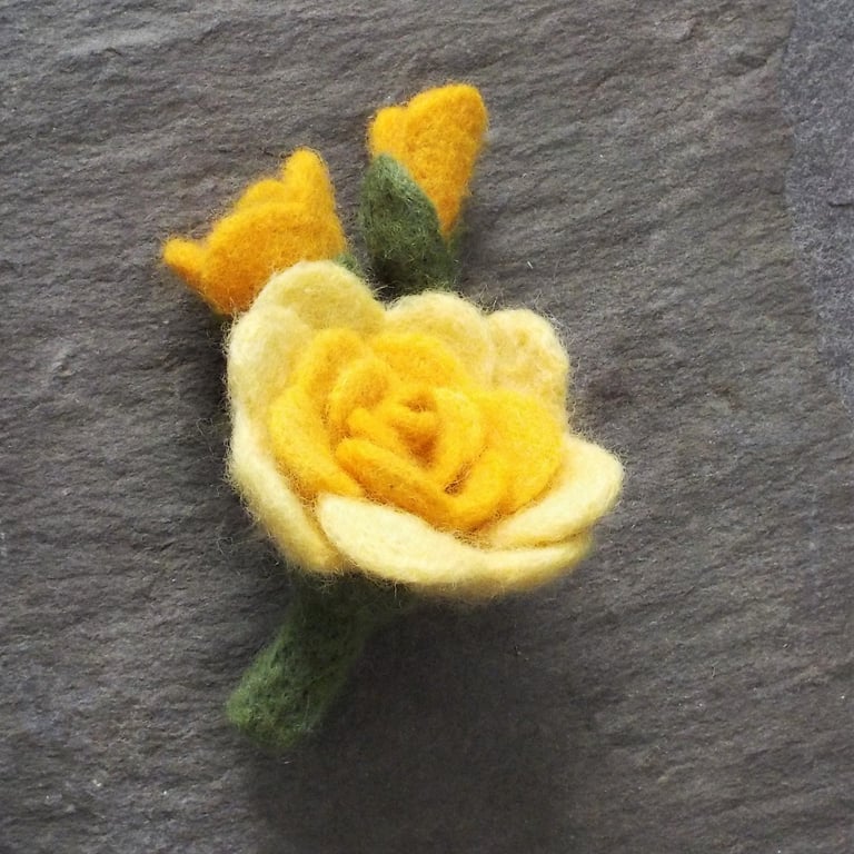 Golden yellow rose brooch with gift box. Handmade felt flower anniversary gift