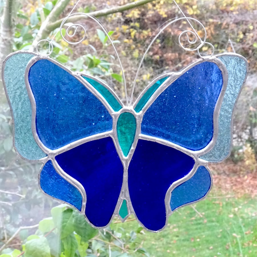 Stained Glass Butterfly Suncatcher - Handmade Handing Decoration - Blue  