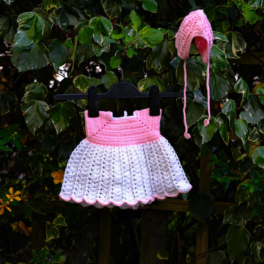 Pink Hand Knitted Baby Dress with Bonnet and Booties for 0 - 3 months old