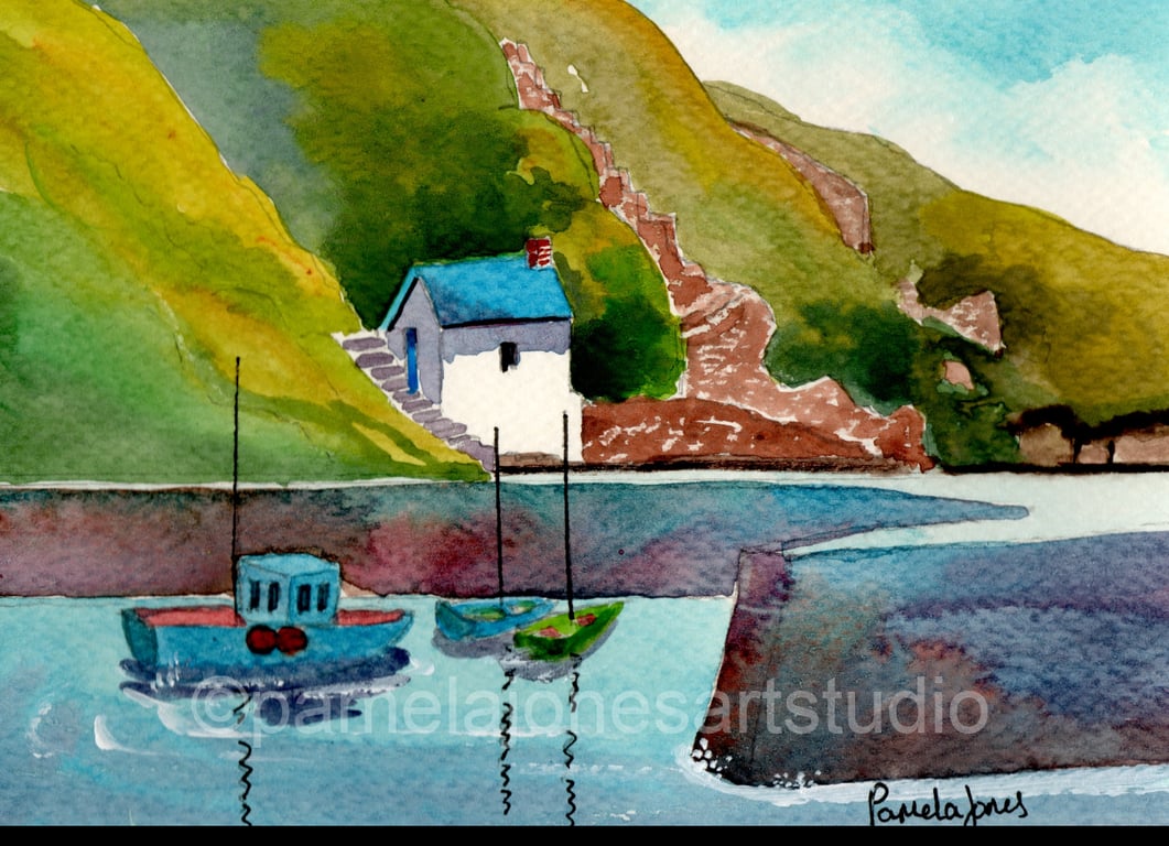 Porthgain Harbour, Pembrokeshire, Wales, Watercolour Print in 8 X 6 '' mount