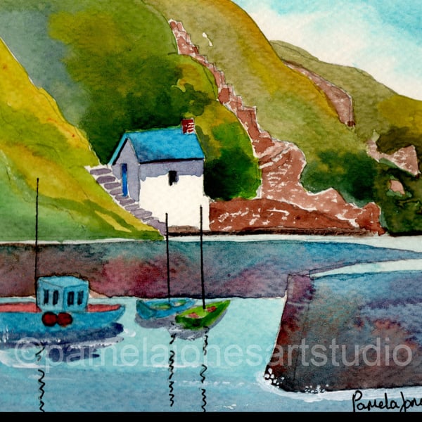 Porthgain Harbour, Pembrokeshire, Wales, Watercolour Print in 8 X 6 '' mount