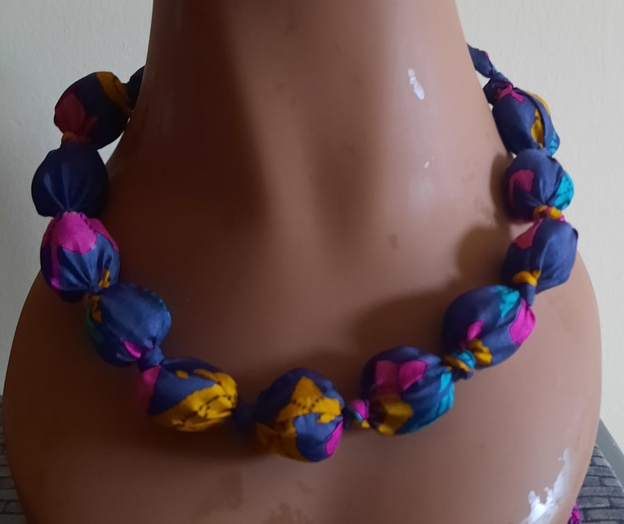 Vibrant Patterned Fabric Covered Beaded Necklace