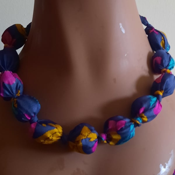 Vibrant Patterned Fabric Covered Beaded Necklace