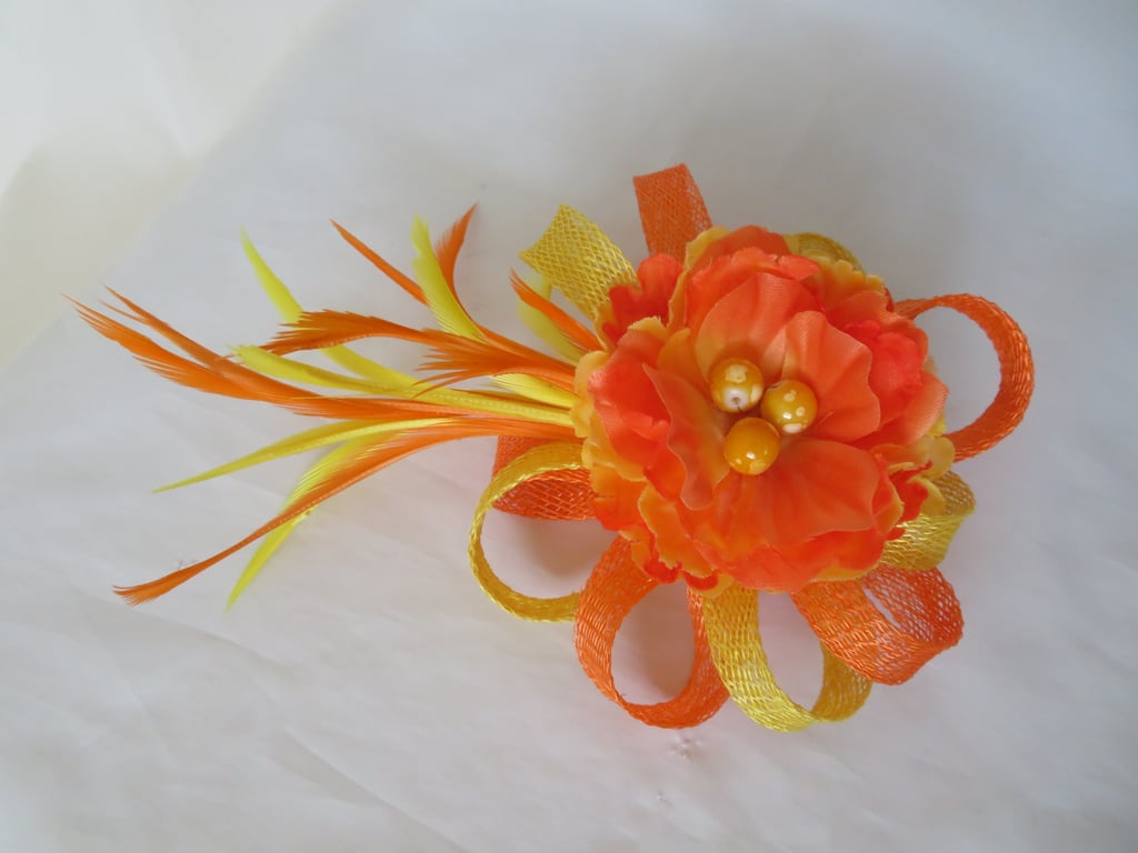 Small Bright Yellow & Clementine Orange Sinamay & Feather Flower Fascinator