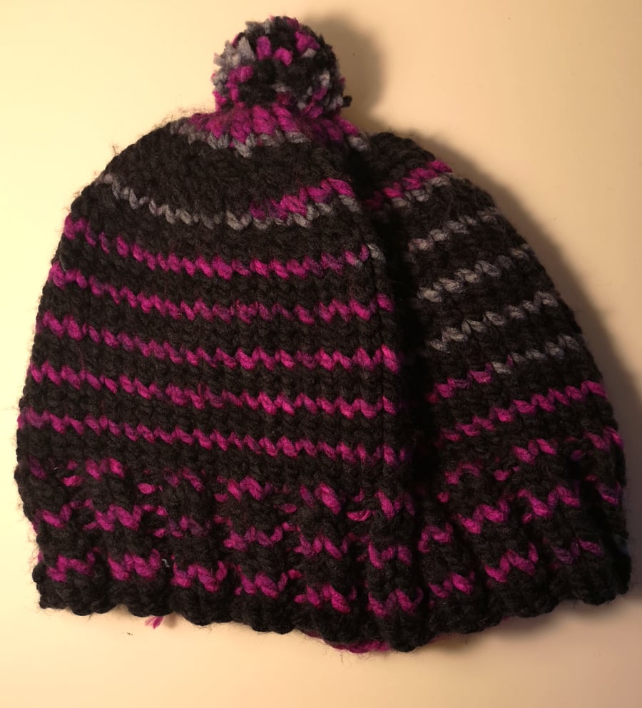 Handknitted pink, black and grey bobble hat