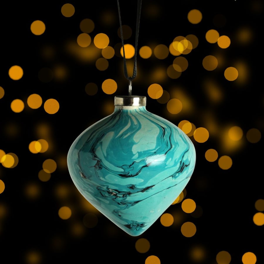 Hand marbled Christmas drop bauble ornament turquoise