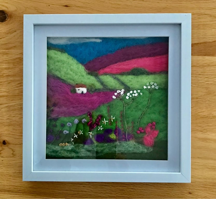 Needle felted picture-countryside with house