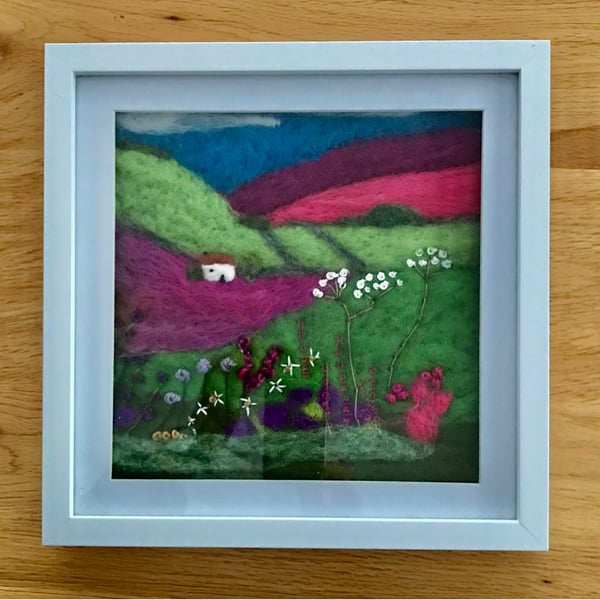 Needle felted picture-countryside with house