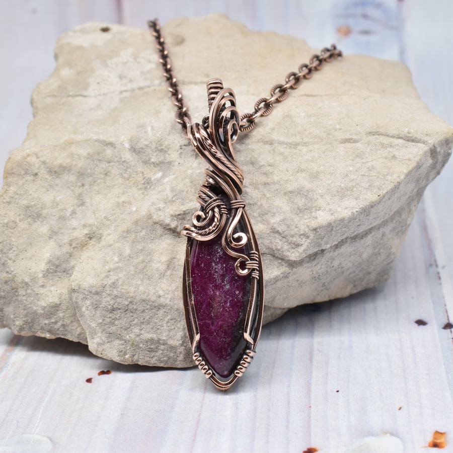 Wire Wrapped Ruby and Copper Pendant on a Copper Chain