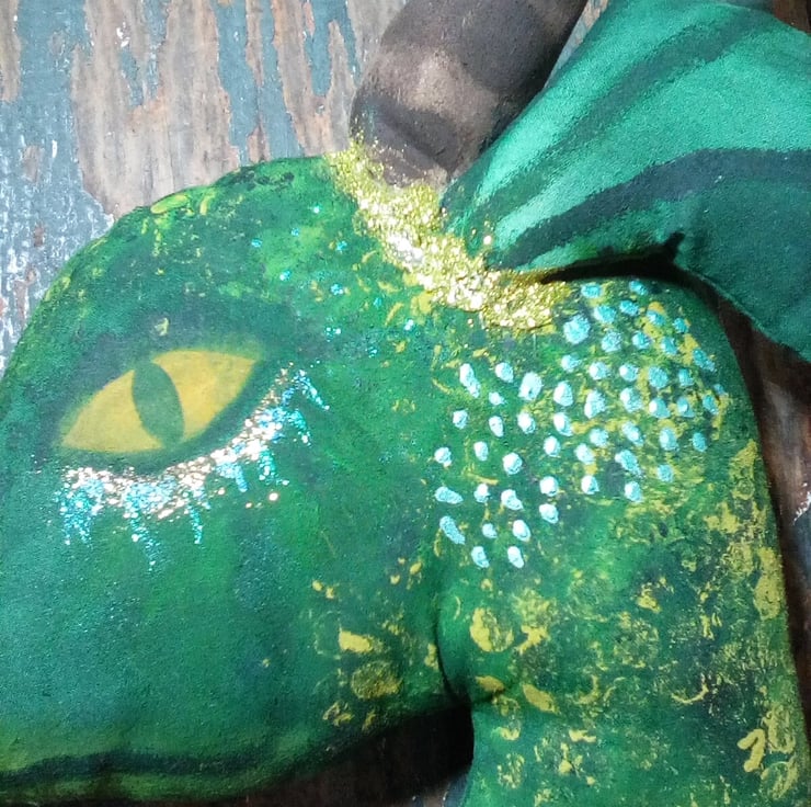 Hand painted textile art hanging dragons head, Folksy