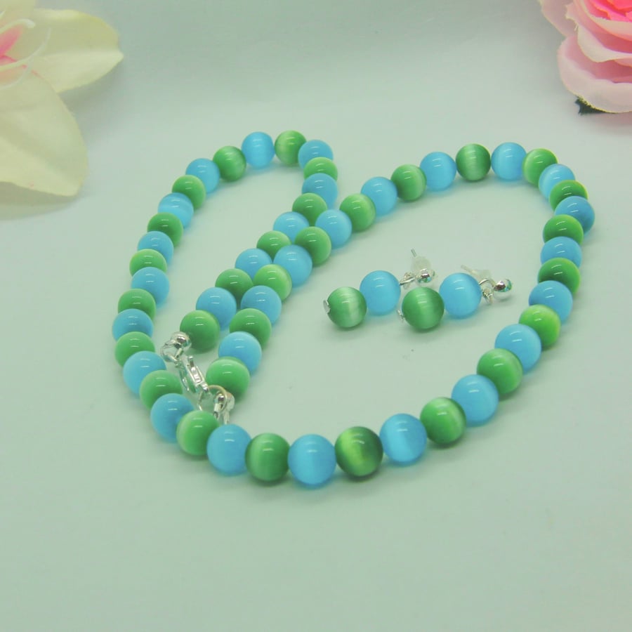 Green and Blue Cats Eye Bead Necklace and Earrings, Gift for Her, Gift Set