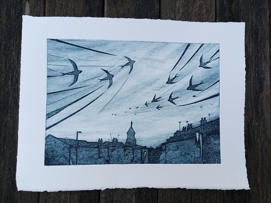 Collagraph Print of Swifts - Twilight  - Birds in Flight