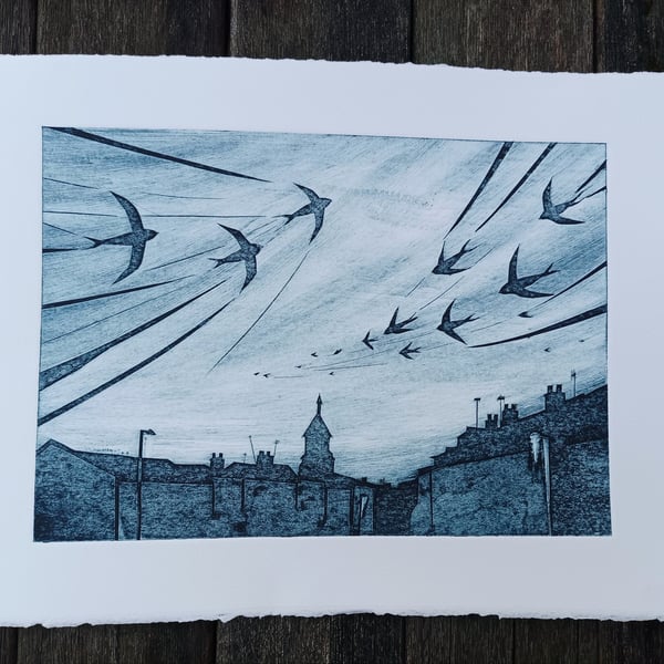 Collagraph Print of Swifts - Twilight  - Birds in Flight