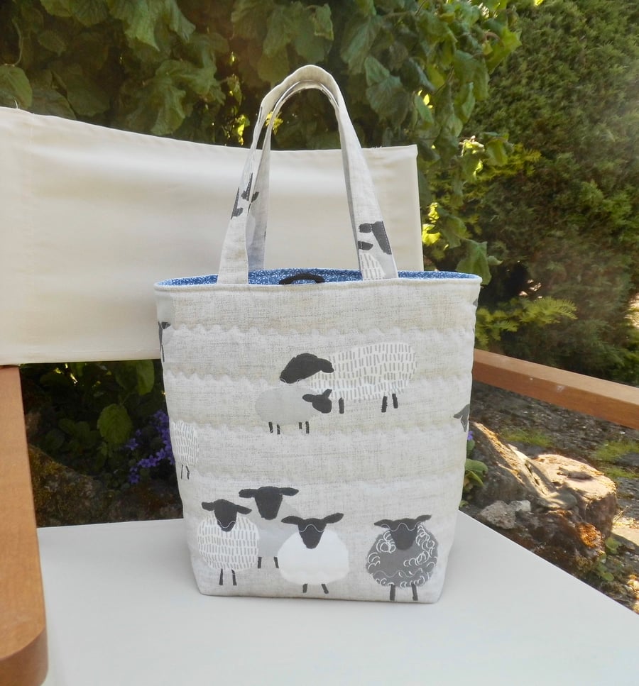 SOLD Grey sheep print bag with drawstring inner 