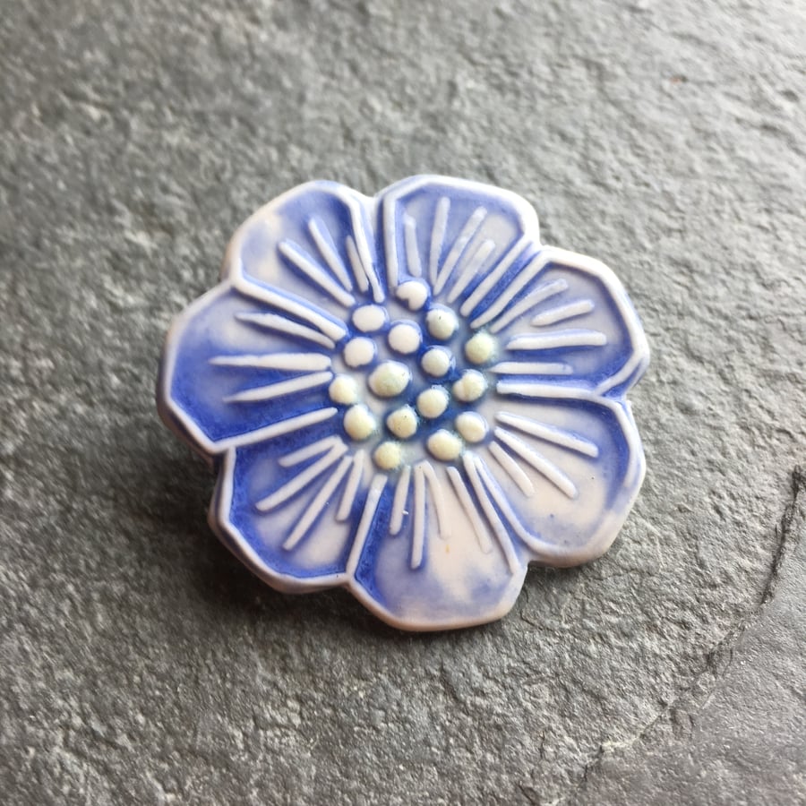 Porcelain wild rose brooch, powder blue and white, The Porcelain Menagerie
