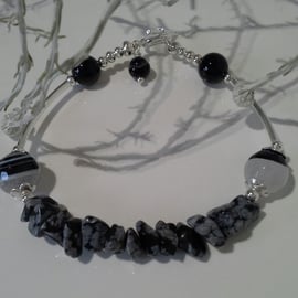 Snowflake Obsidian,  Agate Silver Plated Bracelet (HELP A CHARITY)