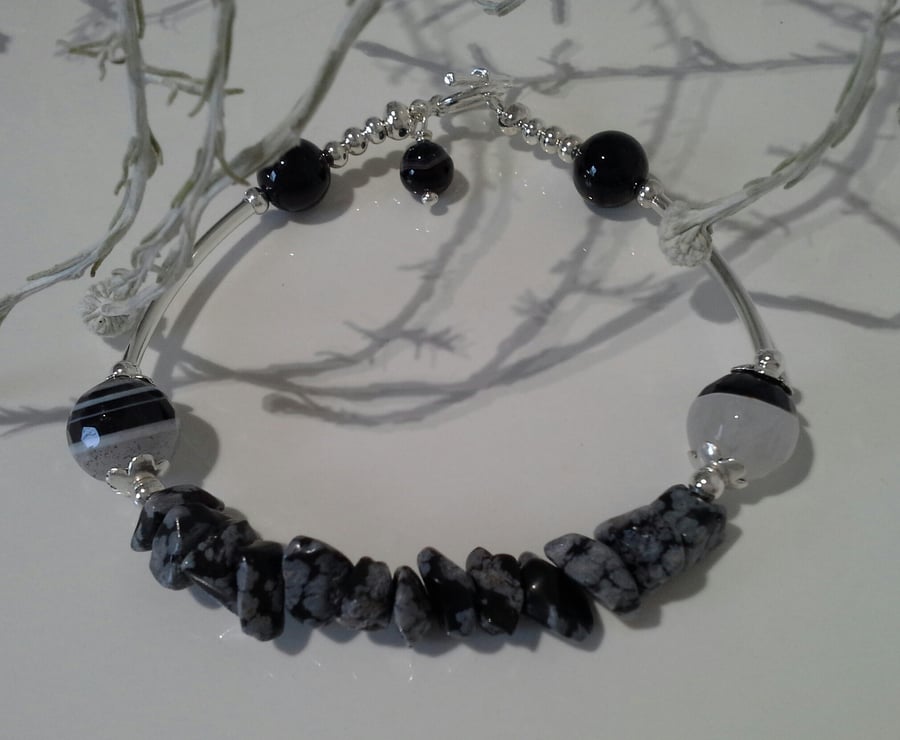 Snowflake Obsidian,  Agate Silver Plated Bracelet (HELP A CHARITY)