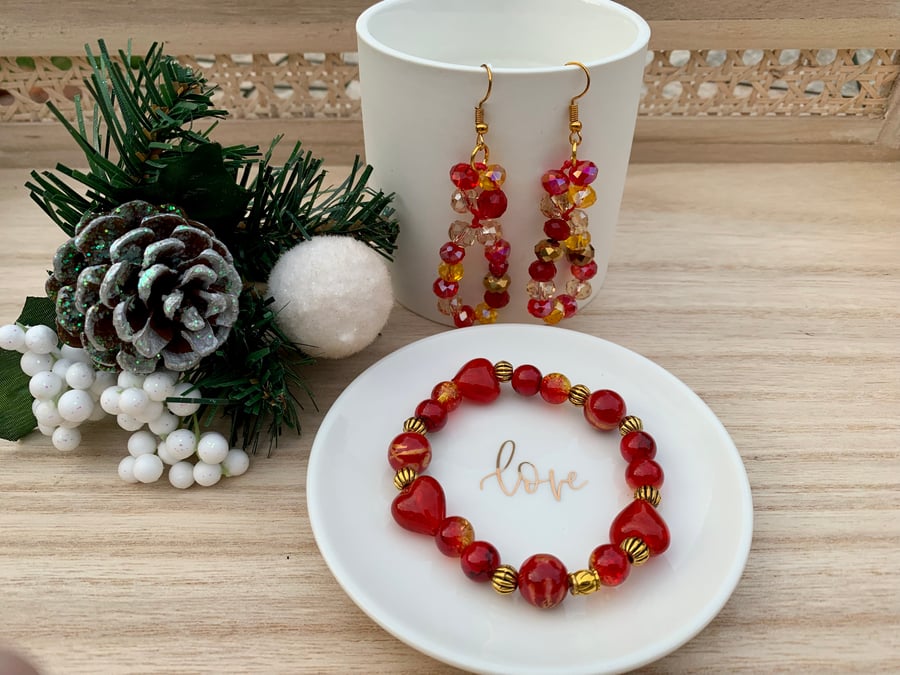 Red and Gold Love Heart, Crystal and Beads Dangle Earring and Bracelet Set 