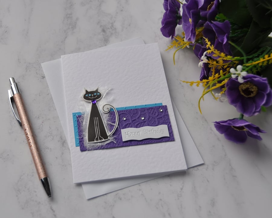 Black Cat Birthday Card Blue Eyes 3D Luxury Handmade Mixed Media Card