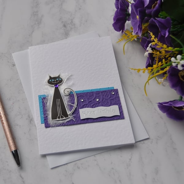 Black Cat Birthday Card Blue Eyes 3D Luxury Handmade Mixed Media Card