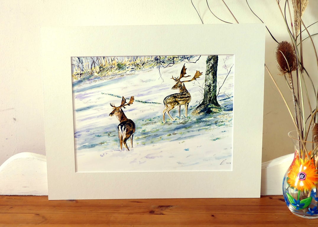 Deer in Winter Original Watercolour Painting.: Fallow Deer Woodland Snow Scene 
