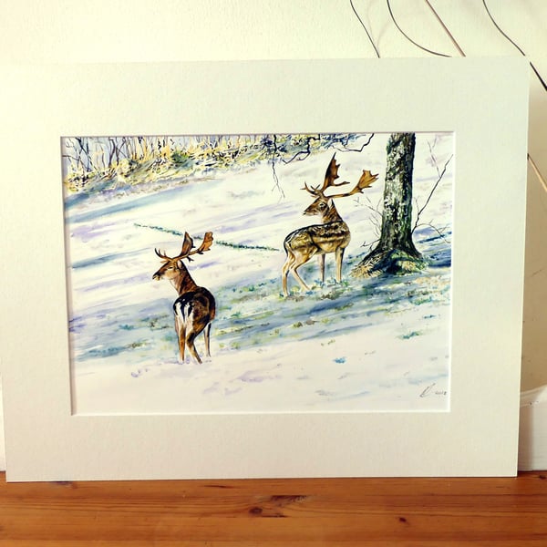 Deer in Winter Original Watercolour Painting.: Fallow Deer Woodland Snow Scene 
