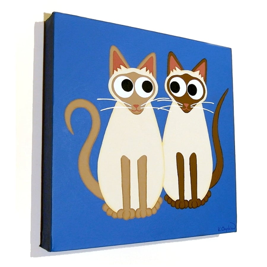 Cute Siamese Cats Art - original acrylic painting of a pair of cats on blue