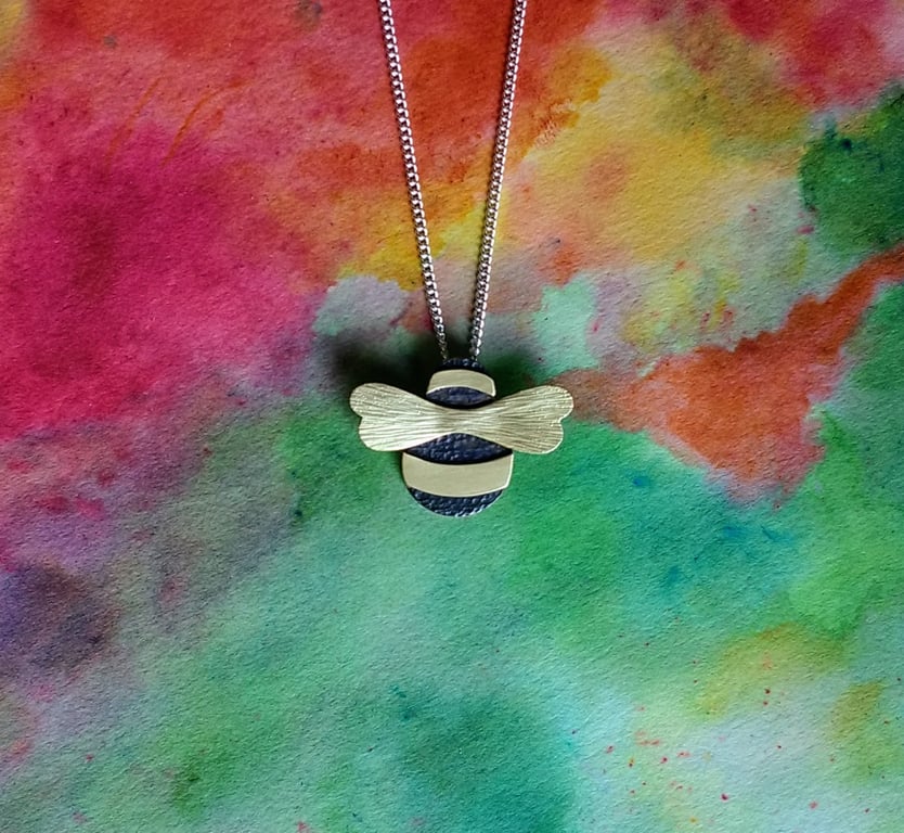 Bumble Bee Pendant, Ox Copper Body, Brass Stripes & Aero-Wings, Silver Chain