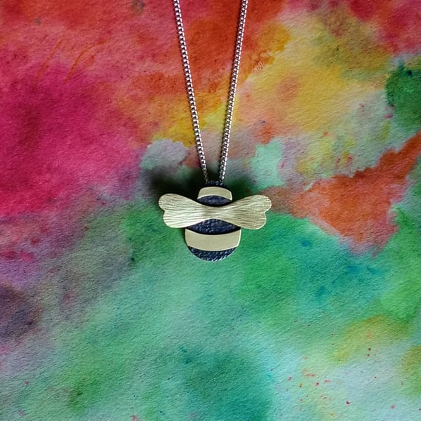 Bumble Bee Pendant, Ox Copper Body, Brass Stripes & Aero-Wings, Silver Chain