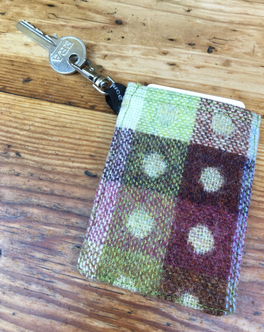 Card holder & key clip, travel, oyster card, earphone tidy - Spotted tweed wool