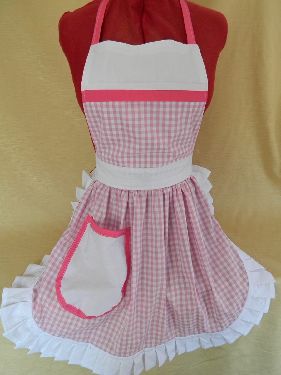 Vintage 50s Style Full Apron Pinny - Pink & White