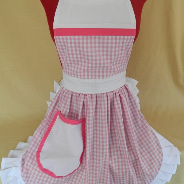 Vintage 50s Style Full Apron Pinny - Pink & White