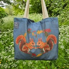 Red Squirrel printed cotton gusseted tote bag, organic cotton, reusable bag