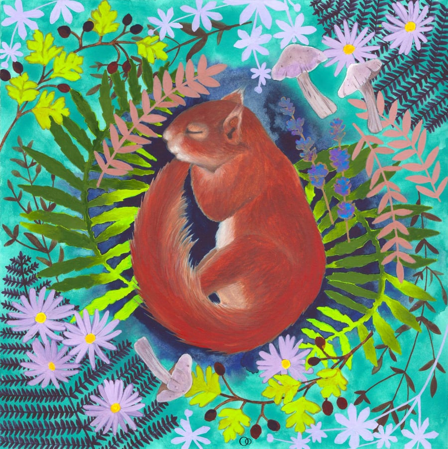 Sleepy Squirrel Original Mixed Media Animal Art Painting 
