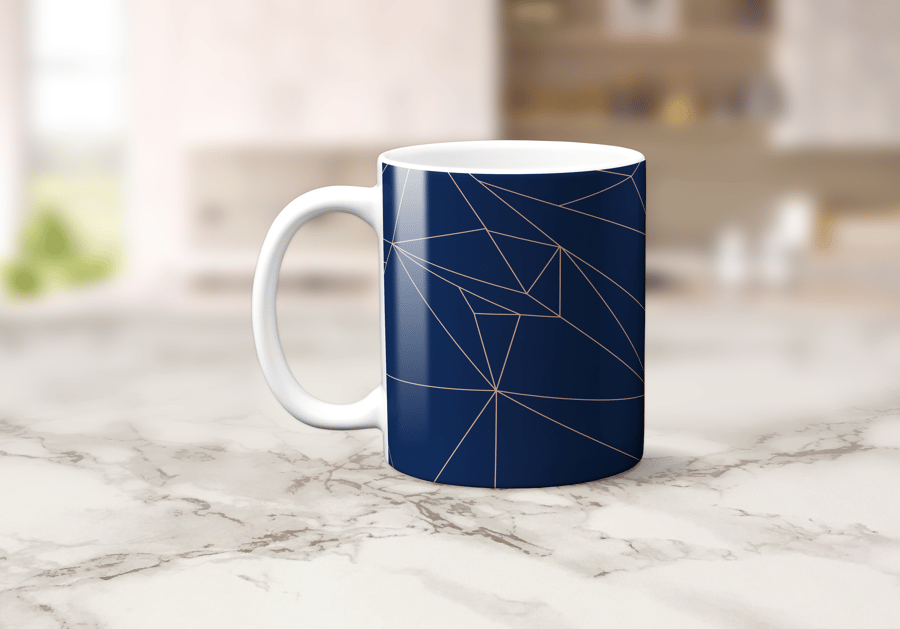Navy Blue and Rose Gold Geometric Design Mug, Tea Coffee Cup