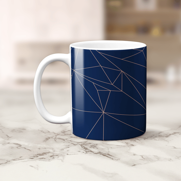 Navy Blue and Rose Gold Geometric Design Mug, Tea Coffee Cup