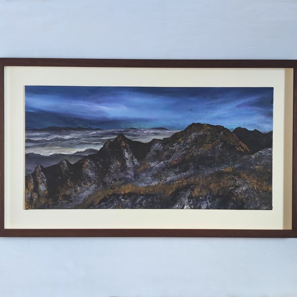 Pyrenees Panoramic, Original mountain range landscape painting, framed