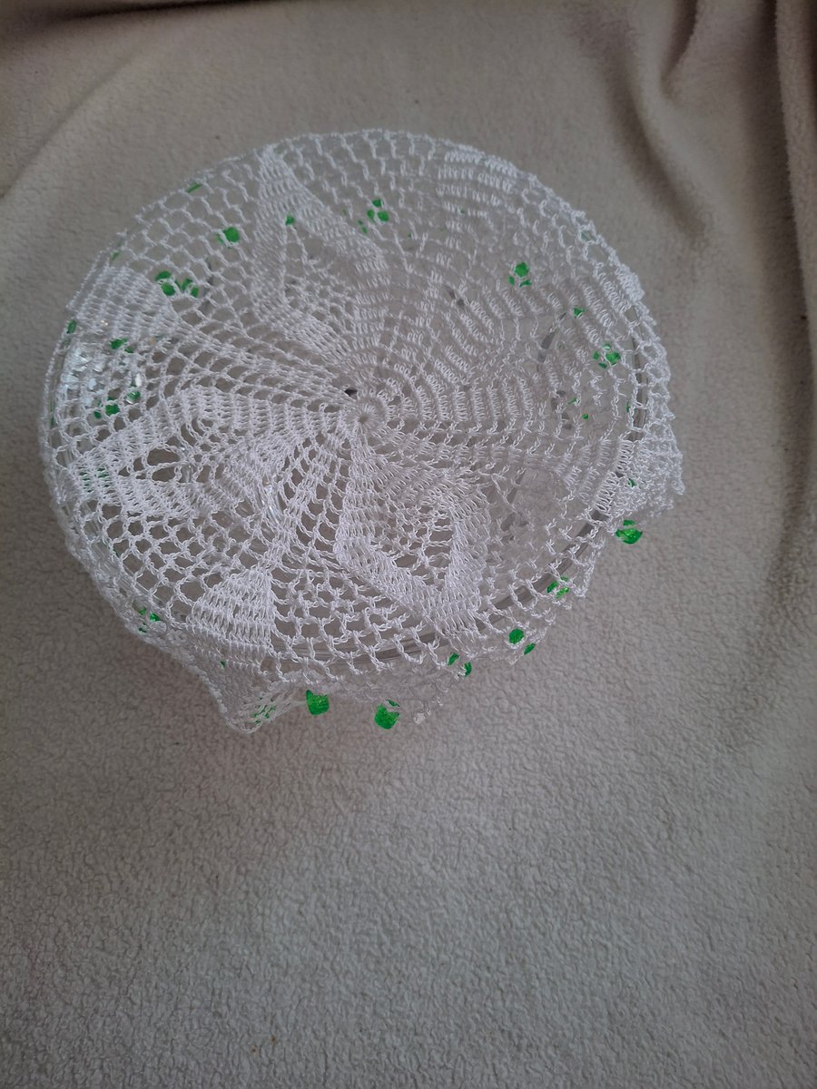 crochet Jug Cover with sparkly green beads