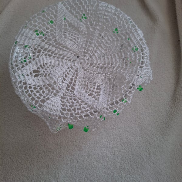 crochet Jug Cover with sparkly green beads
