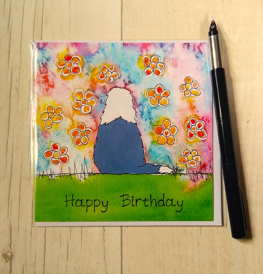 Old English Sheepdog card (printed card).Birthday card