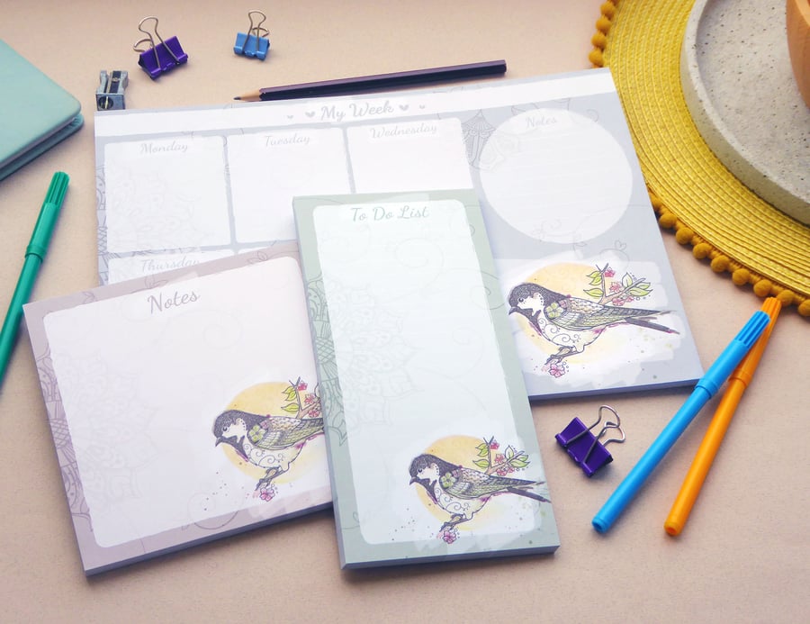 Great Tit Bird to do list, notes and weekly planner stationery set