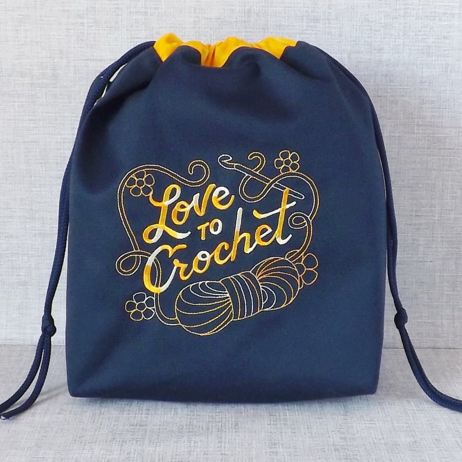 Crochet project bag, drawstring bag, crochet bag