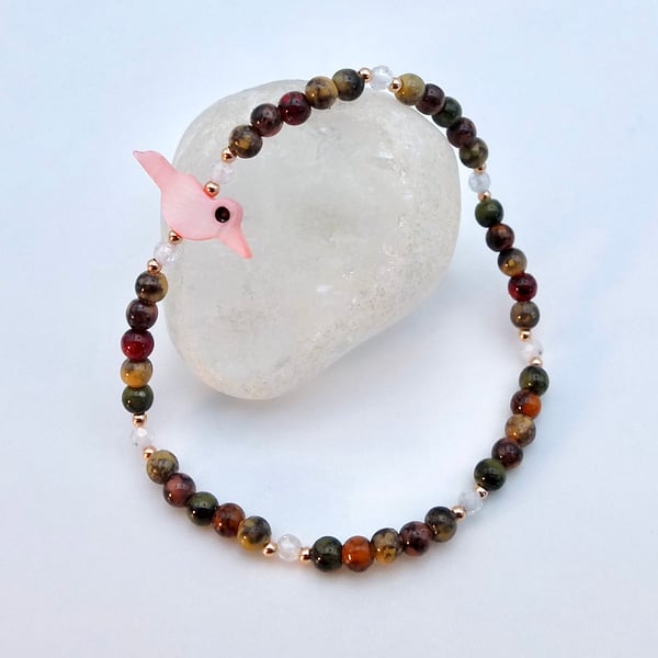 Beaded Wood Bracelet With Cubic Zirconia & Shell Bird, Birthday Gifts For Her