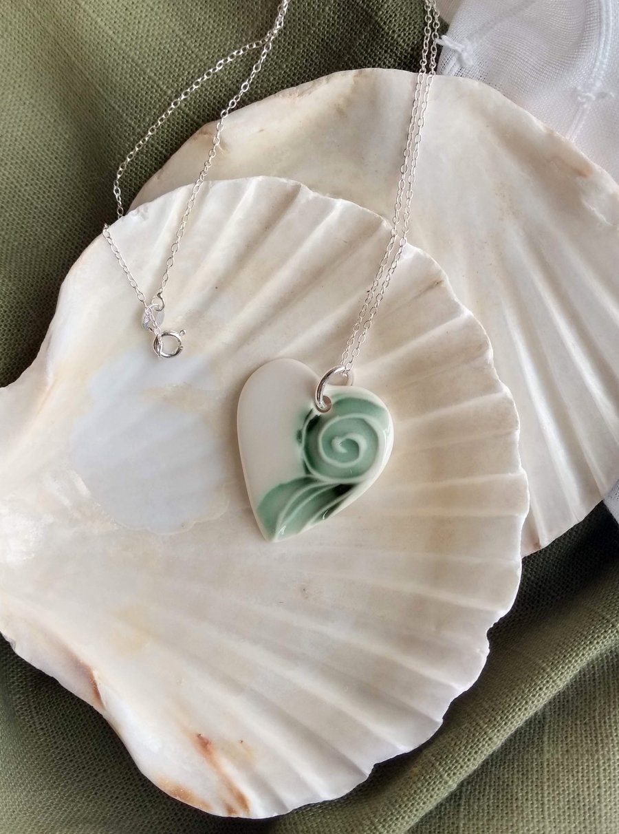 Porcelain Ceramic Heart Necklace with a Wave Design on a Sterling Silver Chain 
