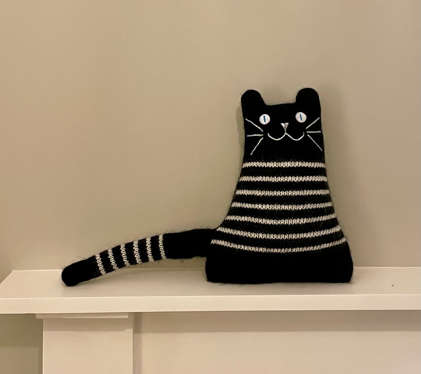 Black and White mohair knitted cat ornament Cat decorative cushion Gift for him