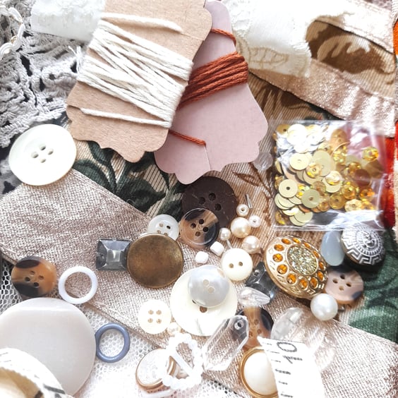 Slow stitching kit - vintage theme, textile art kit, fabric remnants bundle